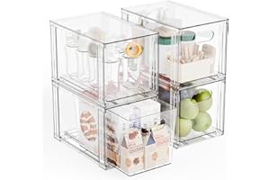 Yieach 4 Pack Large Stackable Storage Drawers,11″Deep Under Cabinet Organizer,Baby Bottle Organizer,Clear Stacking Pull Out Drawer,Acrylic Storage Containers Bins for Organizing Snack,Medicine,Makeup