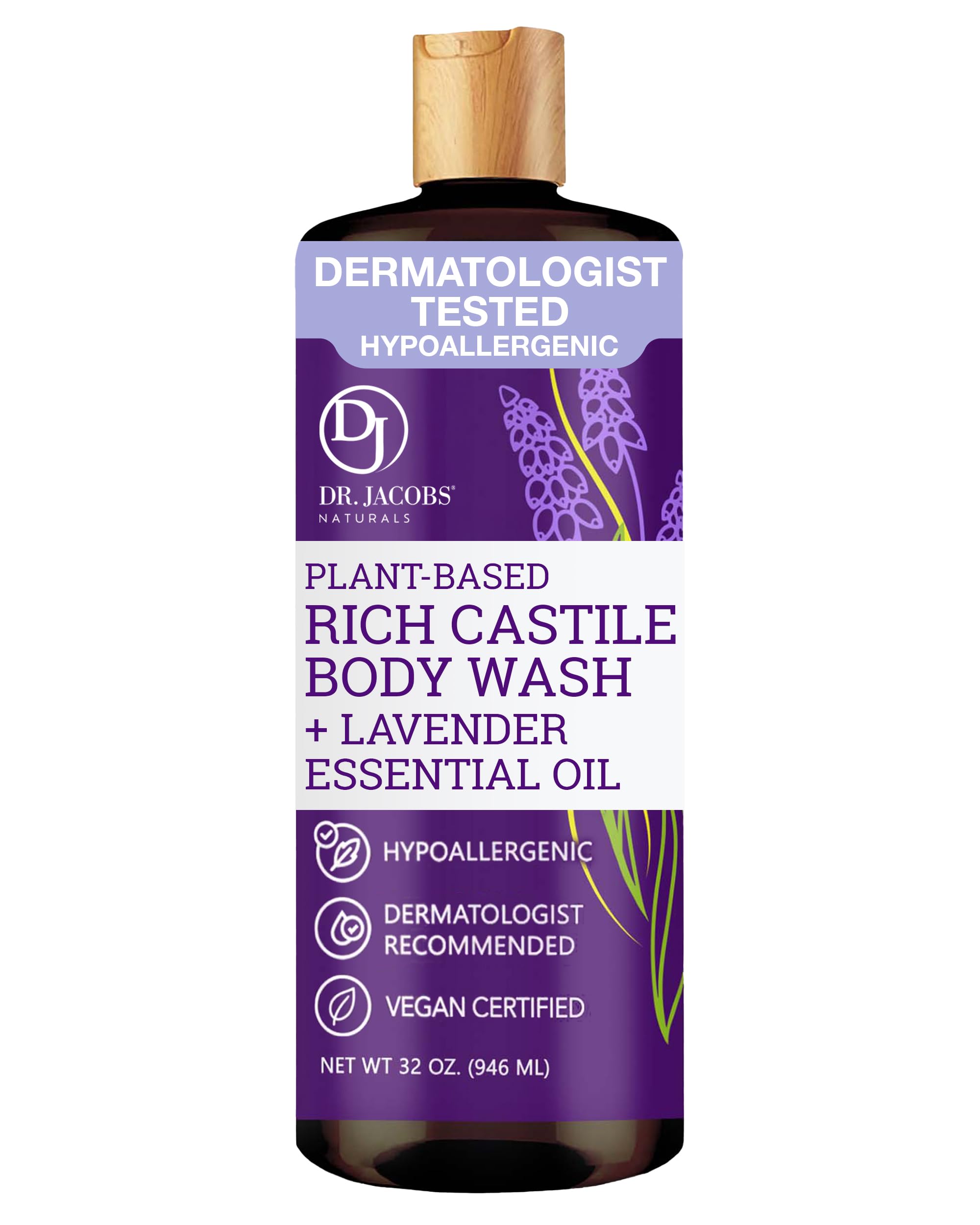 Dr. Jacobs Naturals Pure Castile Liquid Soap, No Palm Oil and NON-GMO, Natural Face and Body Wash, Free of Parabens, Sulfates, Synthetics, Gltuen, Lavender, 32 oz