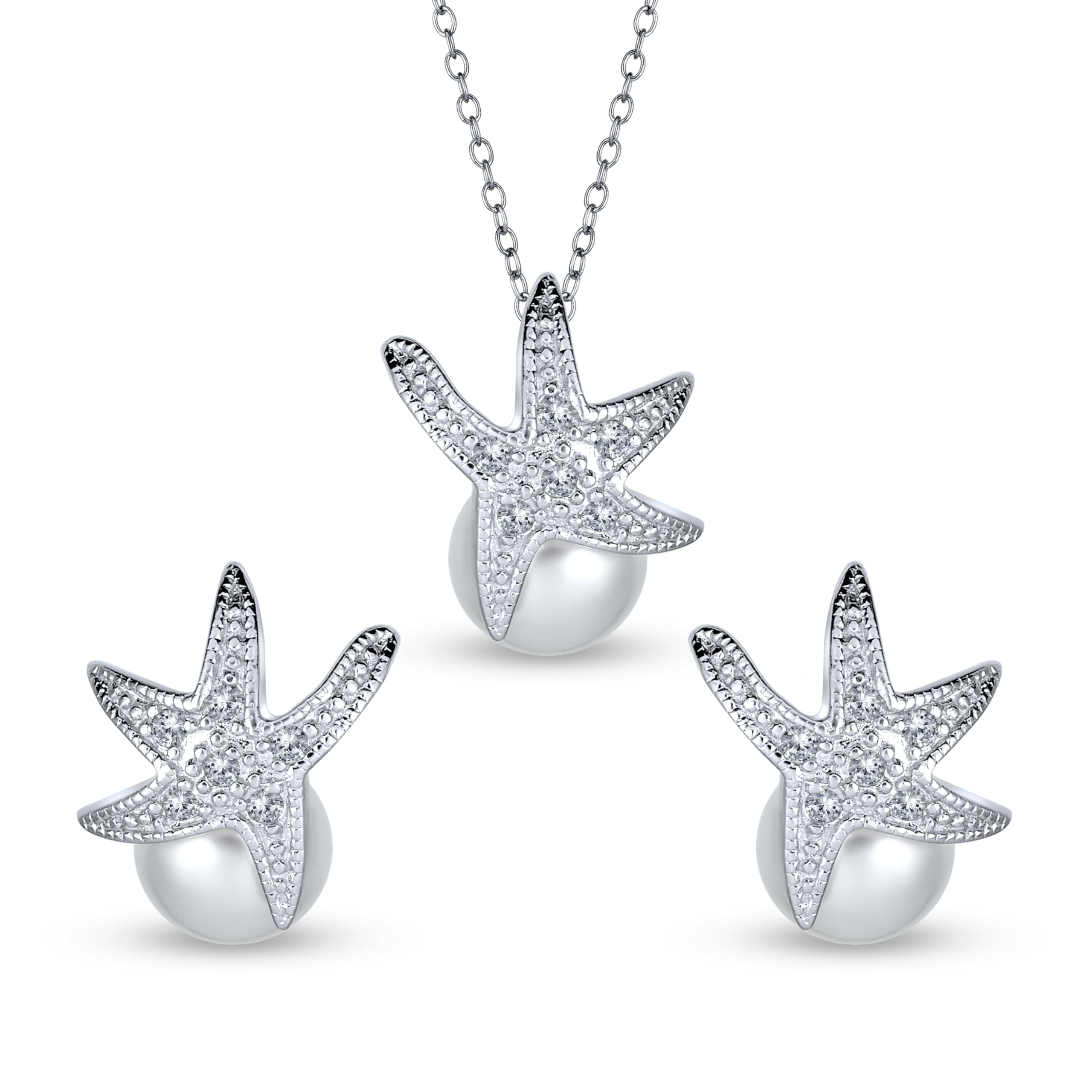 Nautical Bride CZ Beach Destination Wedding White Simulated Pearl 8MM Jewelry Set Starfish Necklace Pendant Stud Earring For Women Bridesmaids .925 Sterling Silver