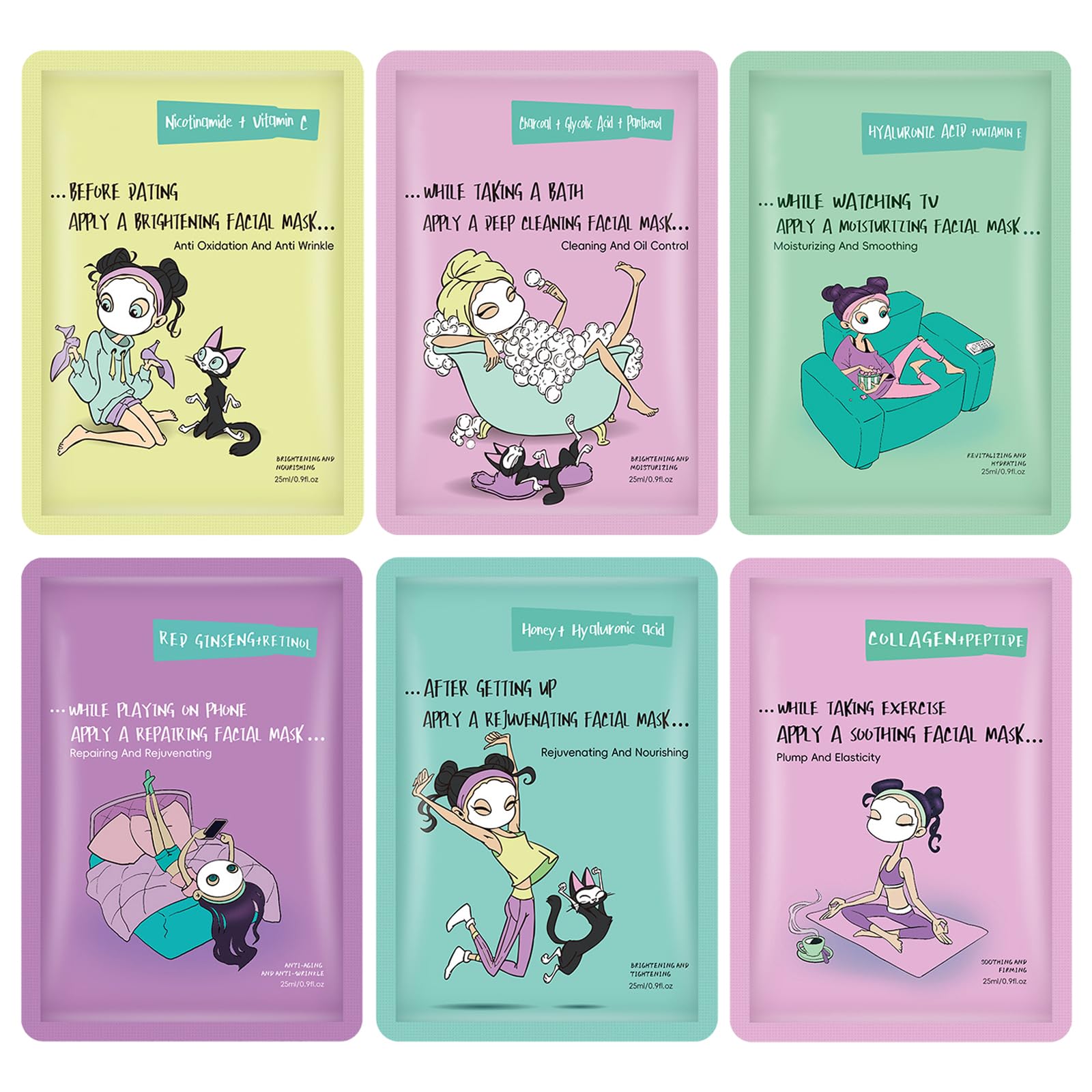 6PCS Sheet Masks, Face Masks Skincare, Face Mask Set for Teenage Girls Sheet Face Masks Beauty, Hydrate Brighten Moisturize Soothe Anti-aging Multipack