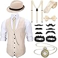 SATINIOR 1920s Mens Costume Roaring Costumes Outfit with 20s Gangster Vest Hat Pocket Watch Suspenders