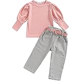 SHIBAOZI Little Girls Clothes Set Ribbed Cotton Shirt Tops Plaid Long Pants 2pcs Kids Toddlers Outfits with Belt