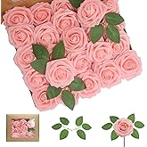WANTMAZOR 100PCS Artificial Flowers Pink Roses Real Looking Foam Fake Roses with Leaves and for DIY Wedding Bouquets Bridal Shower Centerpieces Party Decorations (Pink, 100)