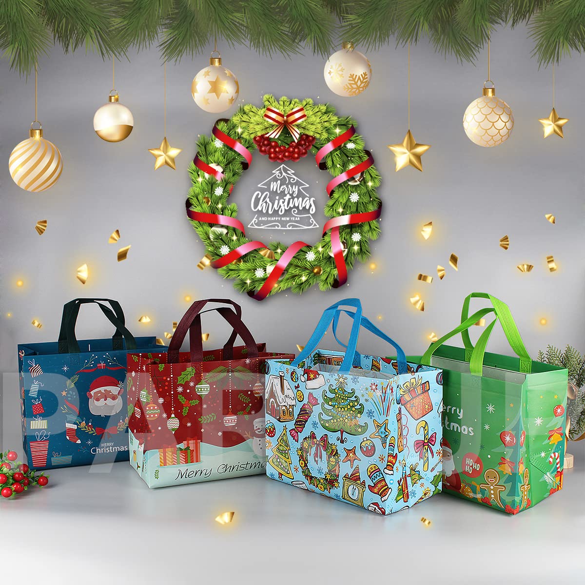 PARSUP Christmas Gift Bags, Multifunctional Non-Woven Tote Treat Christmas Bags with Handles for Gifts Wrapping Shopping, Xmas Party Supplies