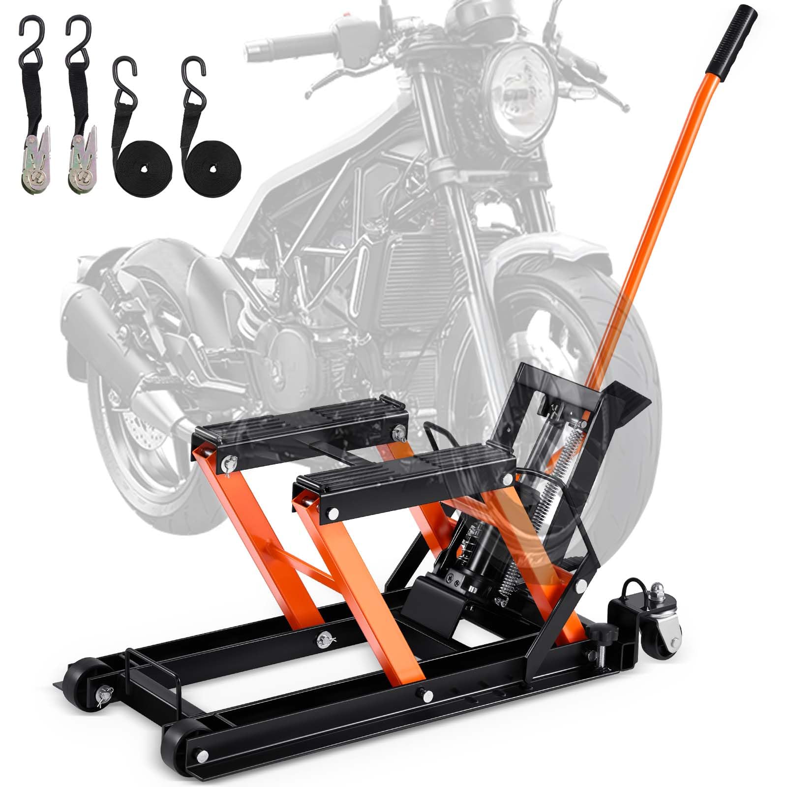 Photo 1 of VEVOR Hydraulic Motorcycle Lift Jack 1500 LBS Capacity ATV Scissor Lift Jack Portable Motorcycle Lift Table with 4 Wheels Hydraulic Foot-Operated Hoist Stand for Motorcycle ATV UTV Powersports
