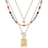 MJartoria Layered Initial Necklaces for Women Trendy, 14K Gold Plated Brass Simple Star Choker Square Letter Pendant Necklace, Colorful Beaded Necklaces Jewelry Gifts