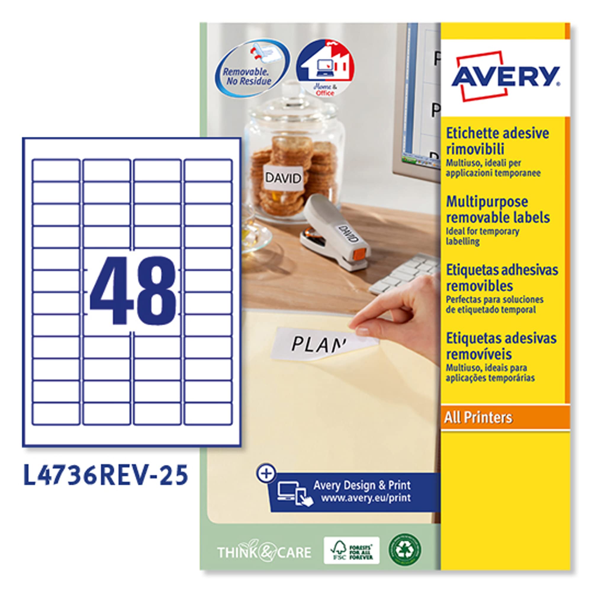 Avery Removable, Printable, Multi Purpose Labels, Multi Surface, 45.7 x 21.2 mm, White, 48 Labels per Sheet, 1200 Blank Labels per Pack (L4736REV-25)
