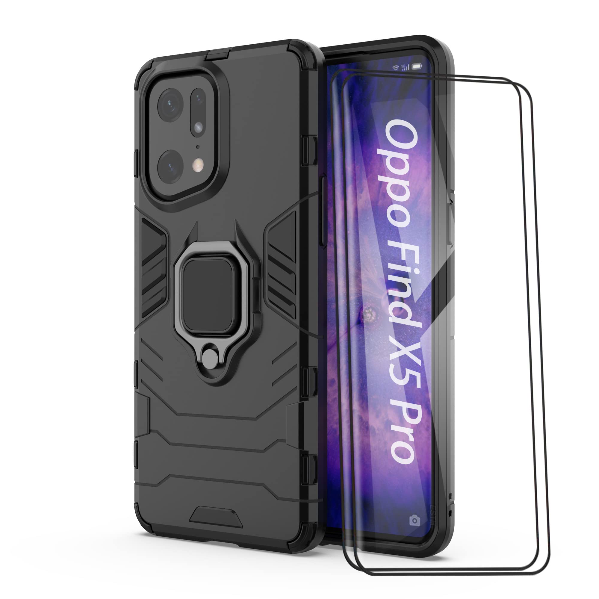 ESTH® Case for Oppo Find X5 Pro 5G with 2 Pack Screen Protector, [360° Rotating Stand] [Military Grade Anti-Fall Protection], Cover Compatible with Magnetic Car Mount, Black