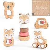 FReniland Wooden Montessori Baby Toys Set, 5-Piece Newborn Gift Set with Koala Rattle, Fox Stacking Rings & Push-Pull Toy for Boys and Girls