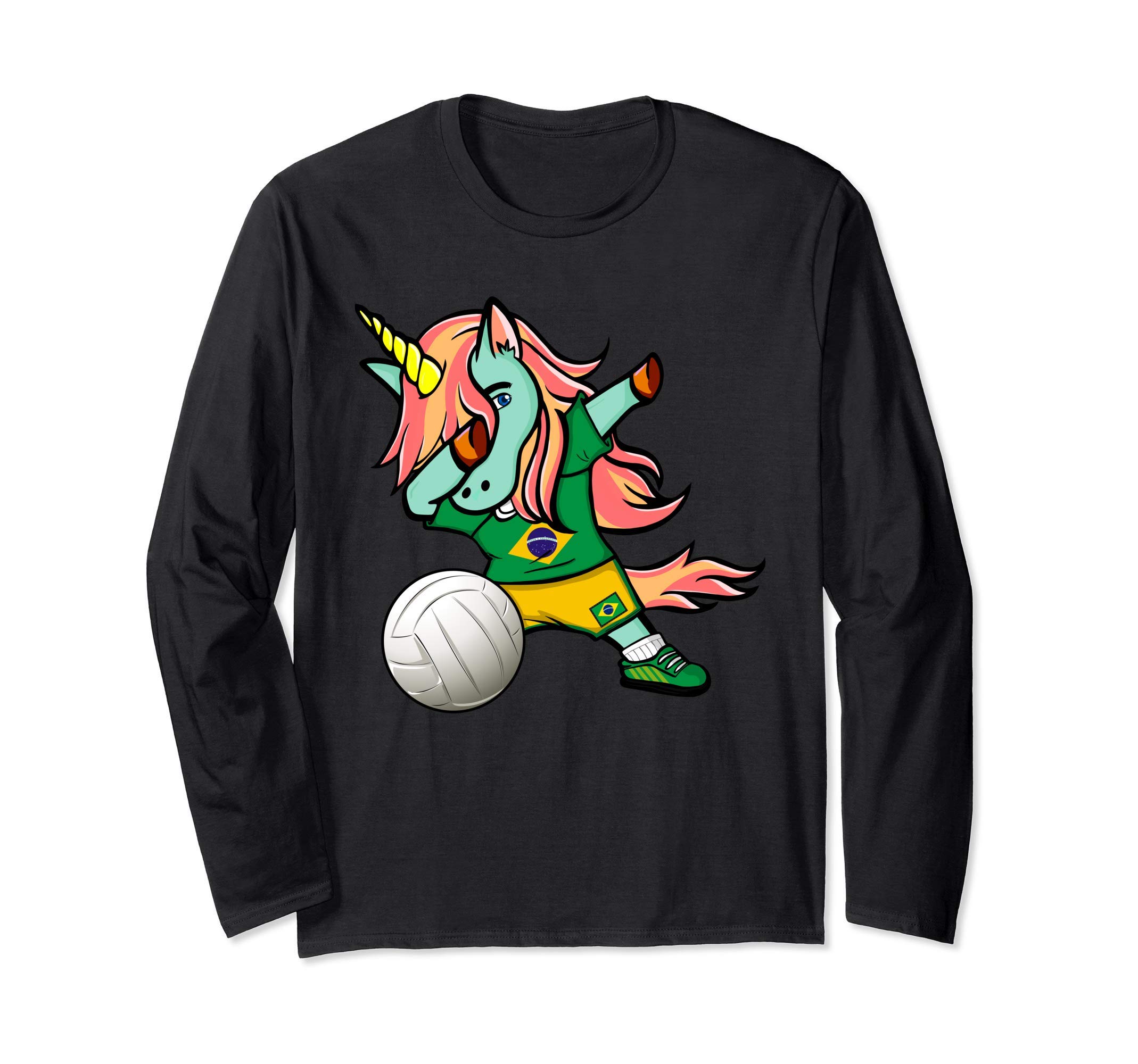 Dabbing Unicorn Brazil Volleyball Fans Jersey Brazilian Flag Long Sleeve T-Shirt