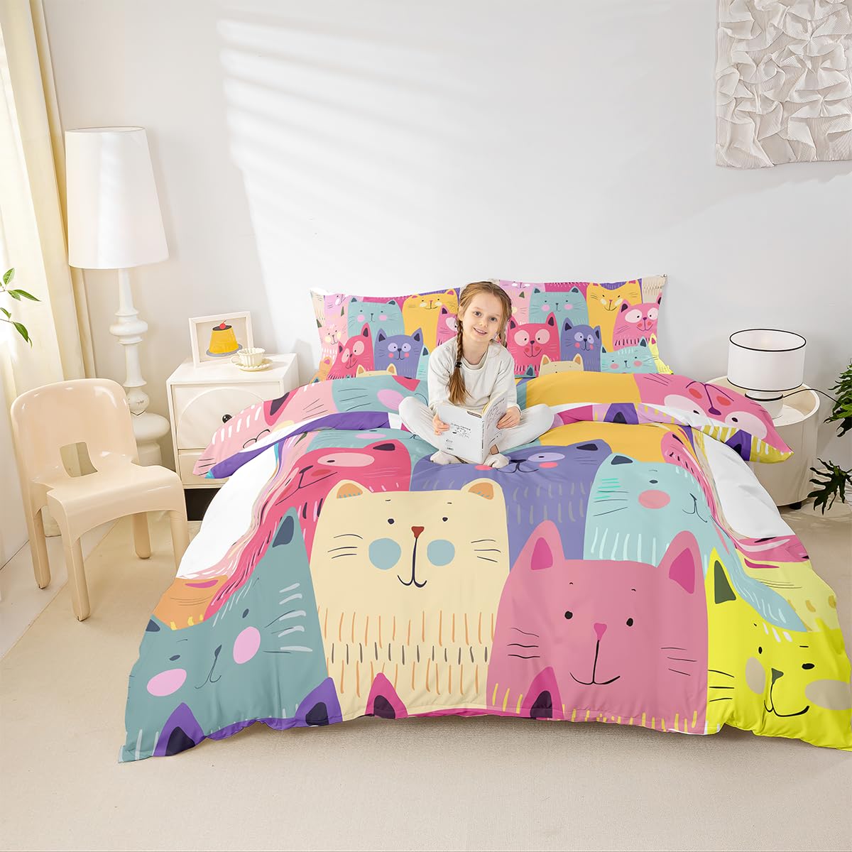 Cats Bedding Set Cute Animal Duvet Cover King Cartoon Pet Comforter Cover for Girls Lady,Lovely Little Cat Fish Quilt Cover for Kids Child Boys,Kitten Cat Lover Bedroom Decor Pink