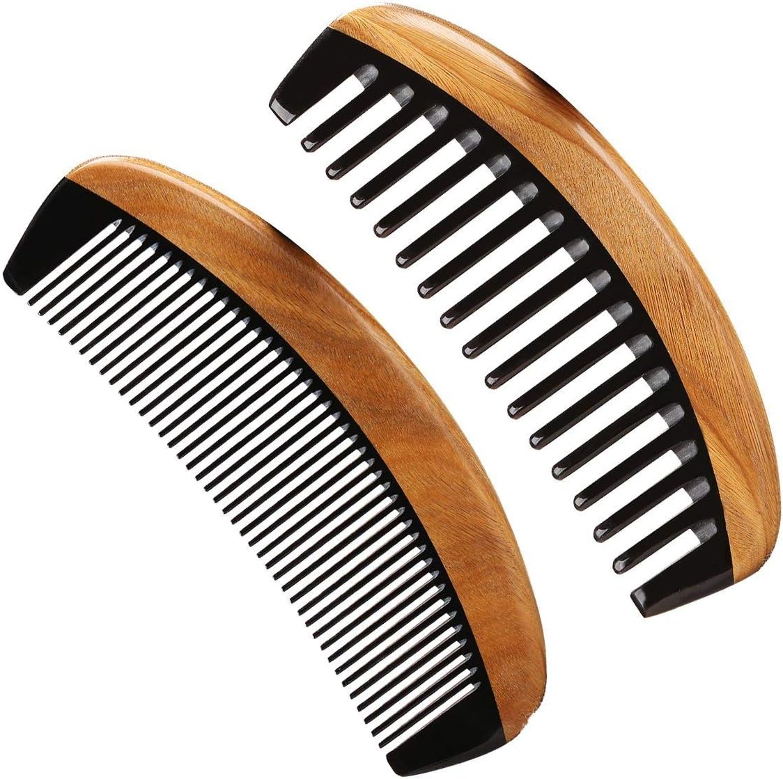 LWBTOSEE Wide Tooth Handcrafted Neem Wood Comb and Fine Tooth Wood Comb,Green Sandalwood Anti Static Detangling Horn Comb For Women, Men And Girls,Hair Comb For Thick, Curly And Wavy Hair (2pcs)