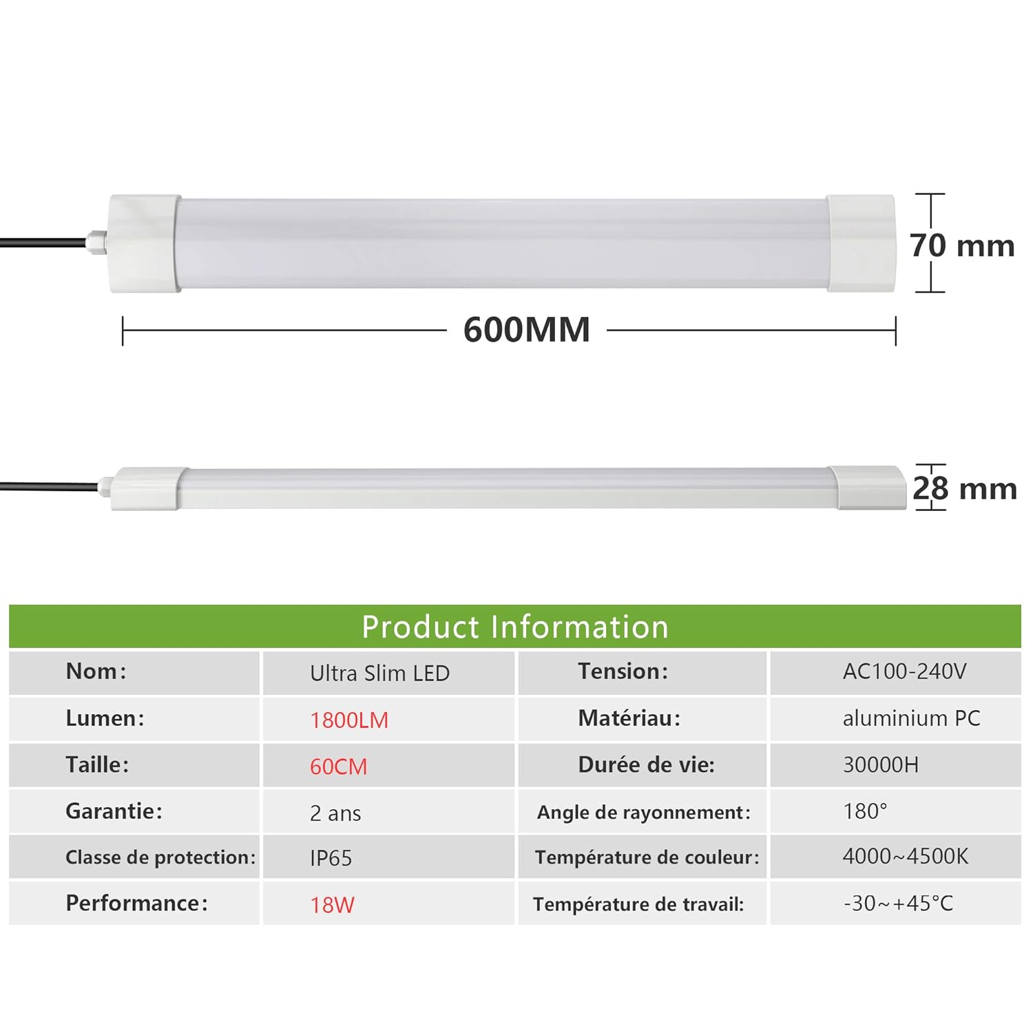 3 Pack Tube Fluorescent LED 60CM 18W Lampe Economique Barre Eclairage
