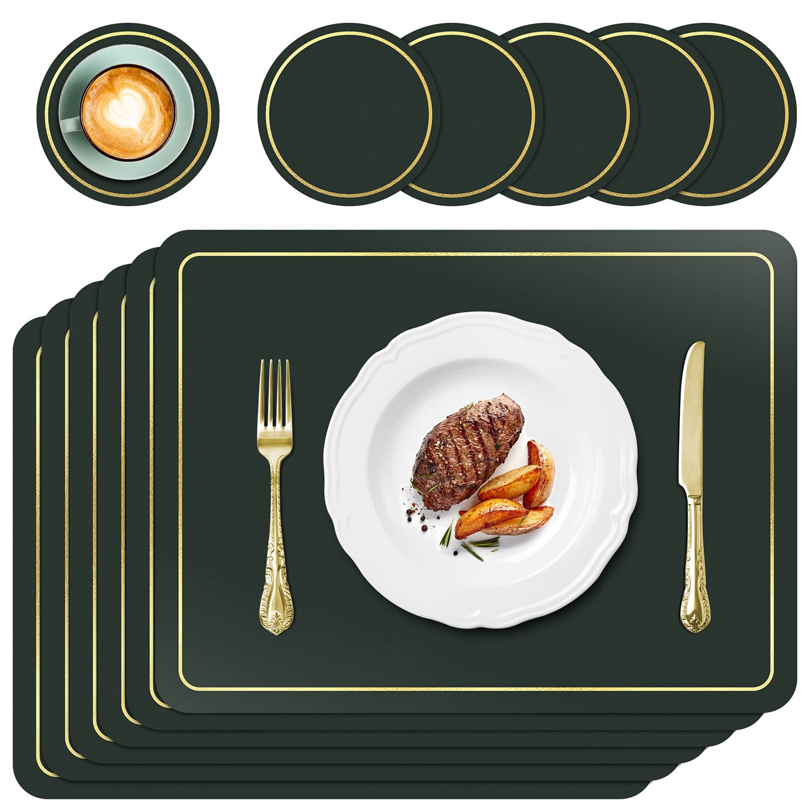 APLKER Placemats and Coasters Set of 6, PU Leather Heat Resistant Washable Non-Slip Waterproof Table Mats for Kitchen Dining Table Home Décor 16.9 x 11.8 inches (Dark Green)