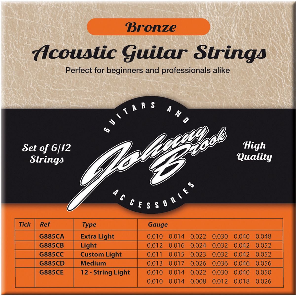 Johnny Brook Set Of 6 Bronze Acoustic Guitar Strings (Extra Light Gauge)