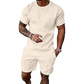 FcuteL Mens Track Suits 2 Piece Set T Shirts Shorts Sets Fashion Retro Textured Sweatsuit Vacation Cruise Outfits
