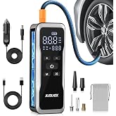 JUSUOX Tire Inflator Portable Air Compressor, Dual Power Air Pump | 150PSI Cordless &amp; 12V DC Power, Large Capacity Battery, Digital Gauge, LED Light, Auto Shut-Off, for Car, Moto, Bike