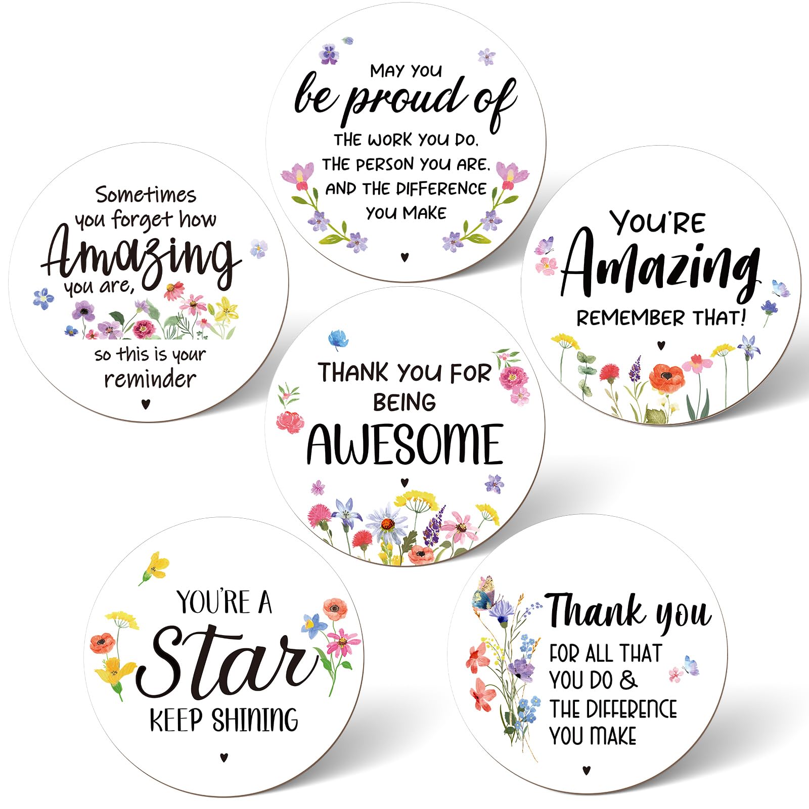 Perthlin 6 Pcs Thank You Gifts, Employee Appreciation Coasters Gifts, Inspirational Personalised Absorbent Coasters with Fiber Cork Base for Colleagues Teacher Nurses Volunteer Bulk Gift (Round)