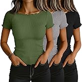 Riyiper 3 Pack Women's Boat Neck Ribbed Tops Lettuce Trim Short Sleeve T-Shirts Crop Fitted Summer Basic Tees Shirt