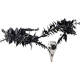 MOSTORY Black Elf Flower Crown - Gothic Raven Skull Headpiece Witch Headband Dark Fairy Circlet for Witch Aesthetic Halloween Cosplay Renaissance Accessory Women Goth Wedding Photo Shoot