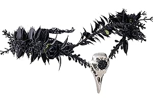 MOSTORY Black Elf Flower Crown - Gothic Raven Skull Headpiece Witch Headband Dark Fairy Circlet for Witch Aesthetic Halloween Cosplay Renaissance Accessory Women Goth Wedding Photo Shoot