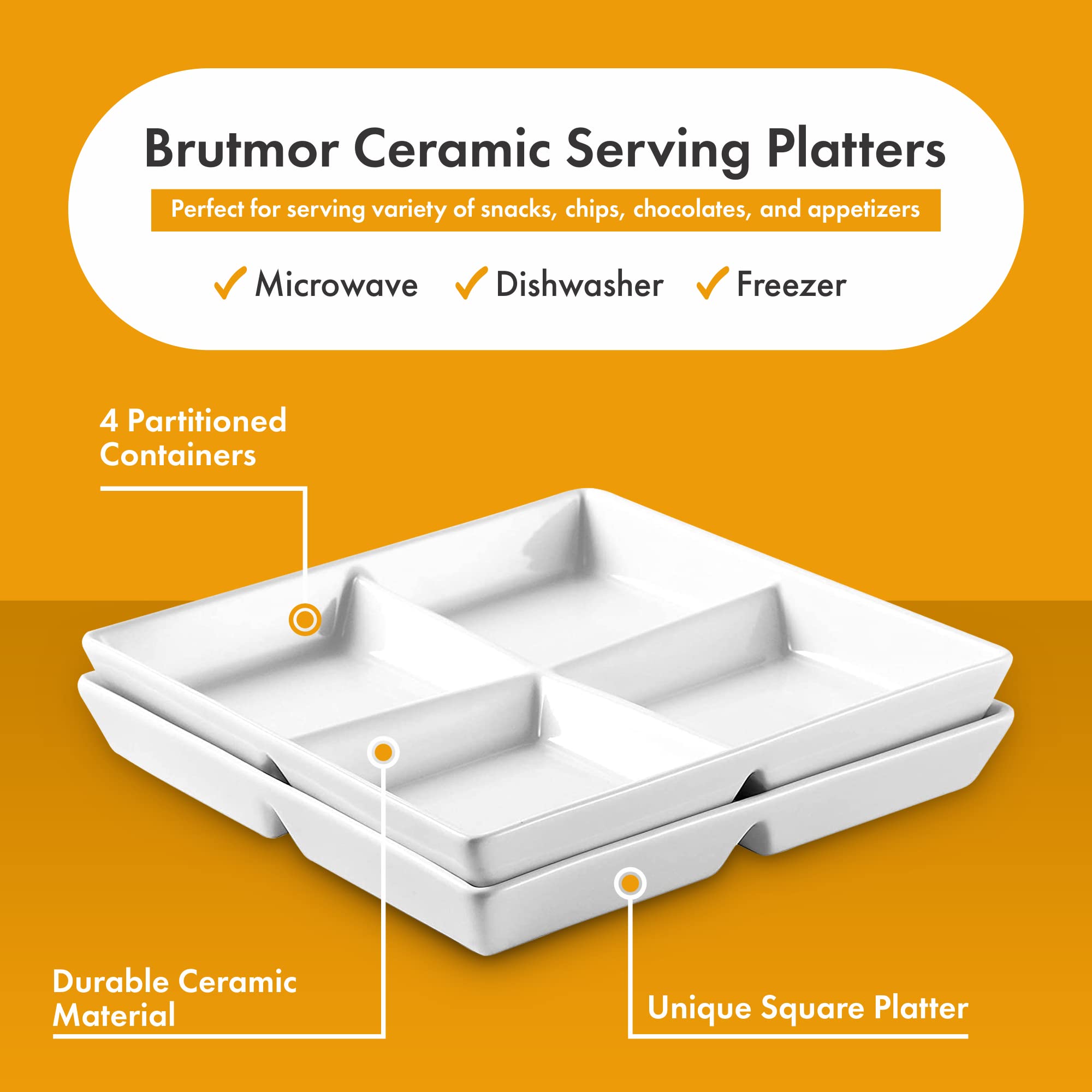 Bruntmor Snacks Dinner Serving Tray Dish in White |10 x 10 inch Set of 2 Decorative Ceramic Appetizer 4 -Compartment Serving Platter Tray | Chafing Dish | Serving Dishes