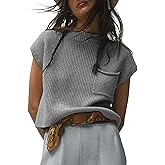 UANEO Sweater Vest Women Mock Neck Casual Cropped Knit Pullover Cap Sleeve Sweater for Women Top Spring