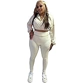 Kinivi Women Two Piece Tracksuit Set Zip Crop Jacket High Waist Leggings Contrast Piping Lightweight Lounge Wear