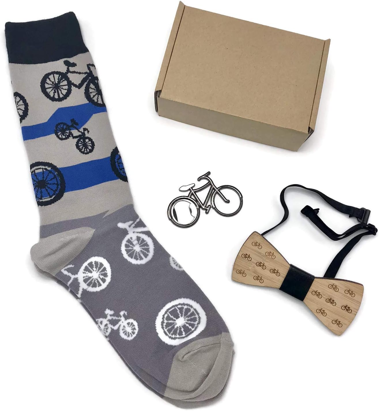 Bicycle Theme Gift Bundle for Men - Set of 3 Items in Box - Crew Socks, Bottle Cap Opener & Wooden Bow Tie