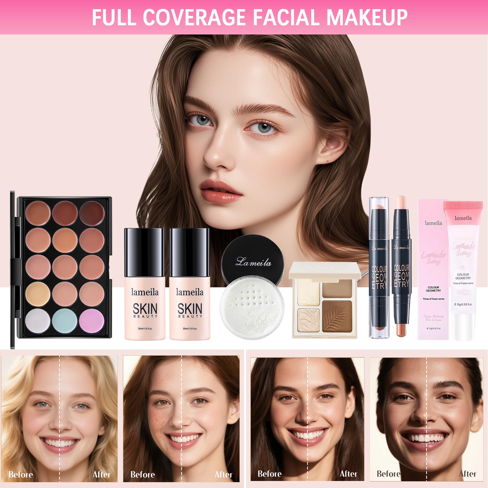 All in One Makeup Kit for Women Full Kit, Makeup Gift Sets for Women Teens Girls, Makeup Essential Bundle Includes Eyeshadow Palette Foundation Eyeliner Contour Stick Lip Gloss Cosmetic Brush Set