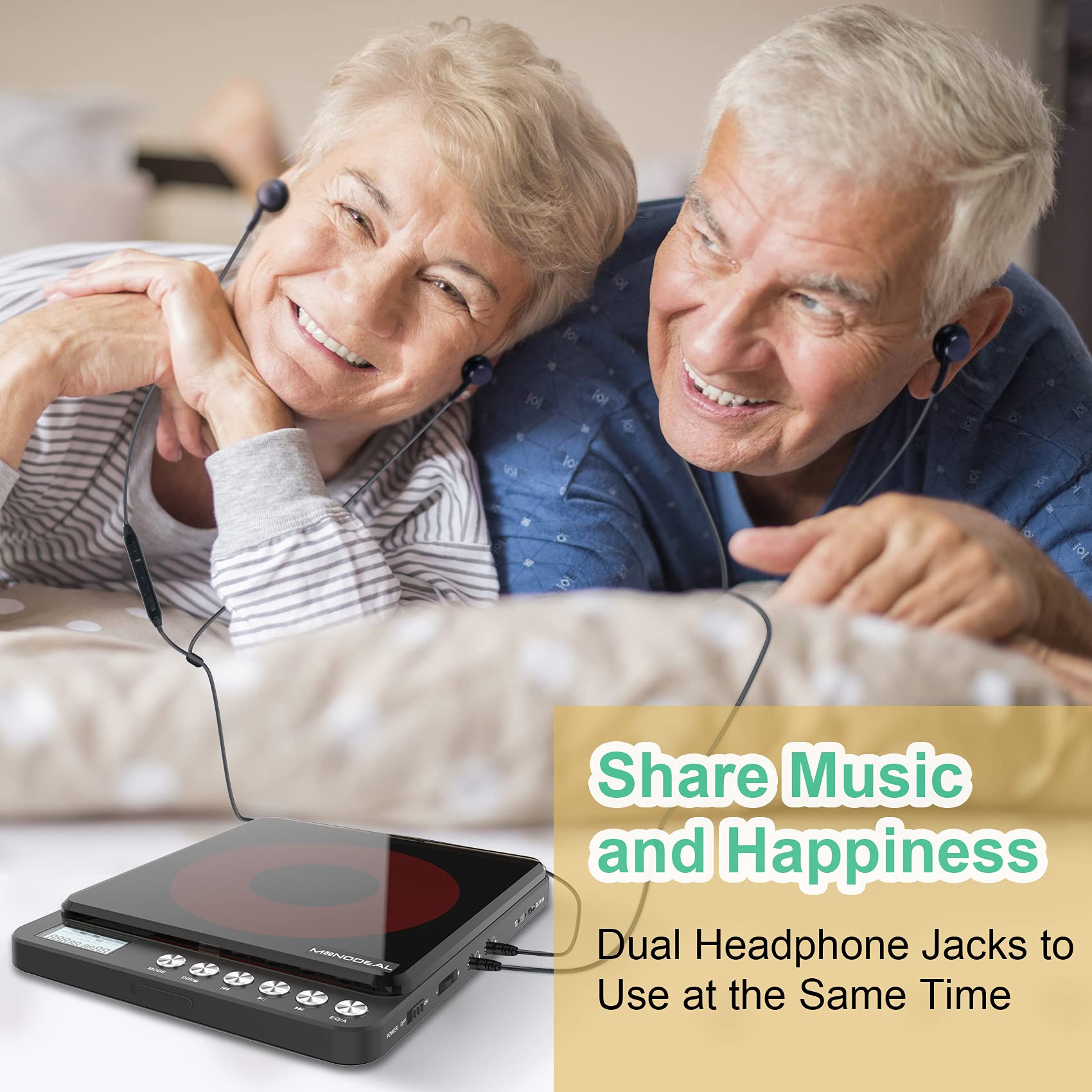 MONODEAL Portable CD Player With Built-in Speakers, Rechargeable for Car and Personal Use, Small Anti-Skip With Dual Headphone Jacks (Black)