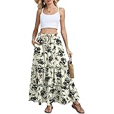 MLXSJ Womens Flowy Maxi Skirt Summer Boho Elastic High Waisted Casual Ruffle Tiered Long Skirts with Pockets