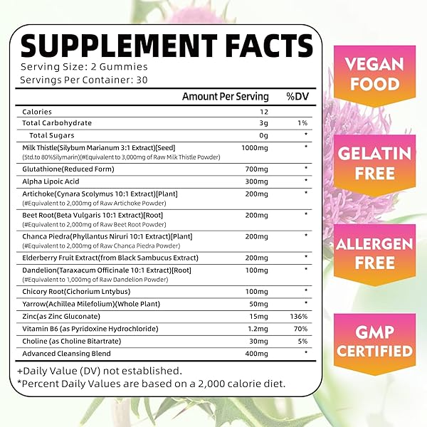 LIVER CLEANSE DETOX & REPAIR GUMMIES WITH MILK THISTLE 3000MG, 24-IN-1 LIVER HEALTH SUPPLEMENT WITH DANDELION, ARTICHOKE, SUGAR FREE LIVER DETOX GUMMIES, PINEAPPLE FLAVOR – 60 COUNT