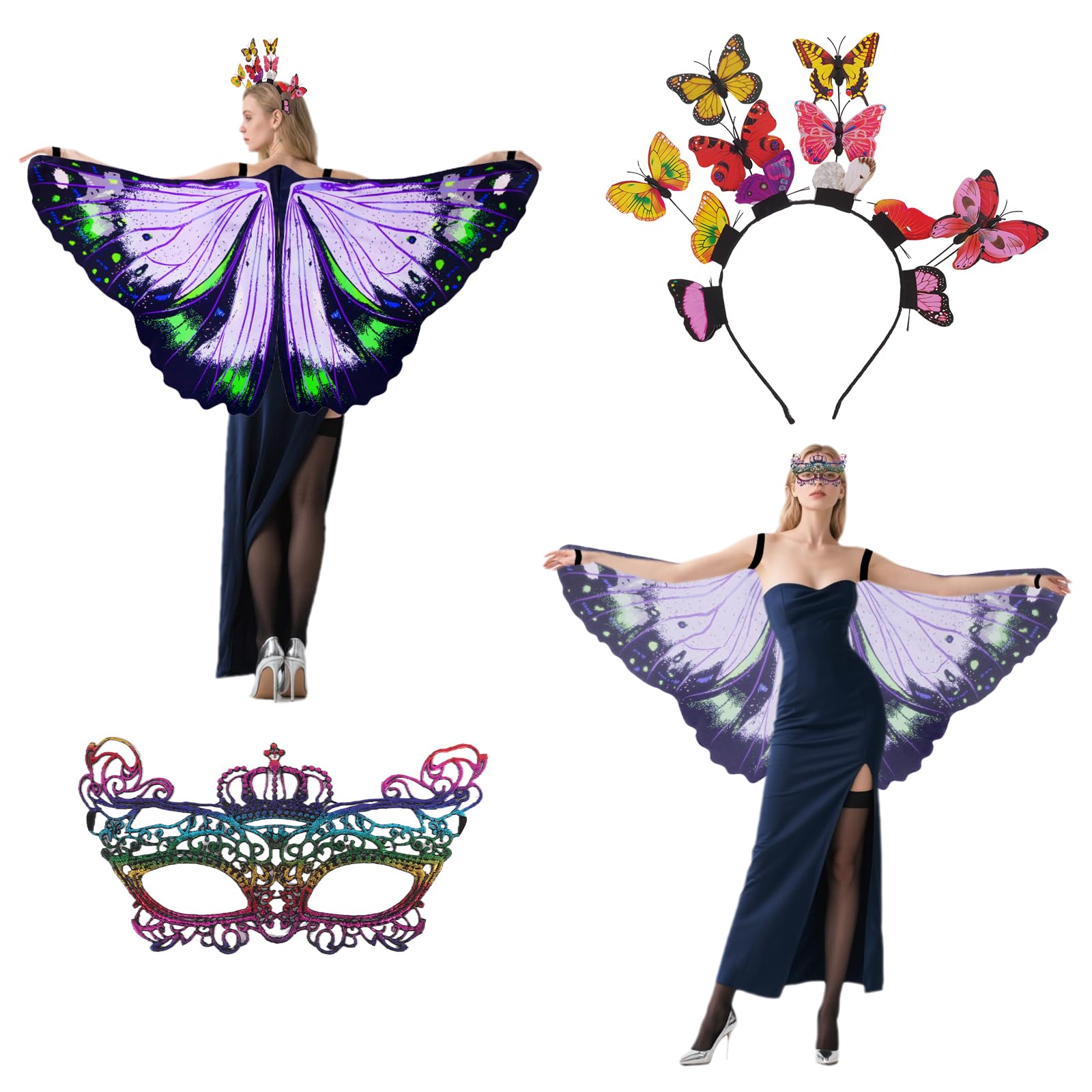 Adult Butterfly Wings Cape, Butterfly Wings Shawl with Mask and Dimensional Butterfly Headband, Double Sided Fairy Wings for Halloween, Party, Cosplay, Dancing (Style 2)
