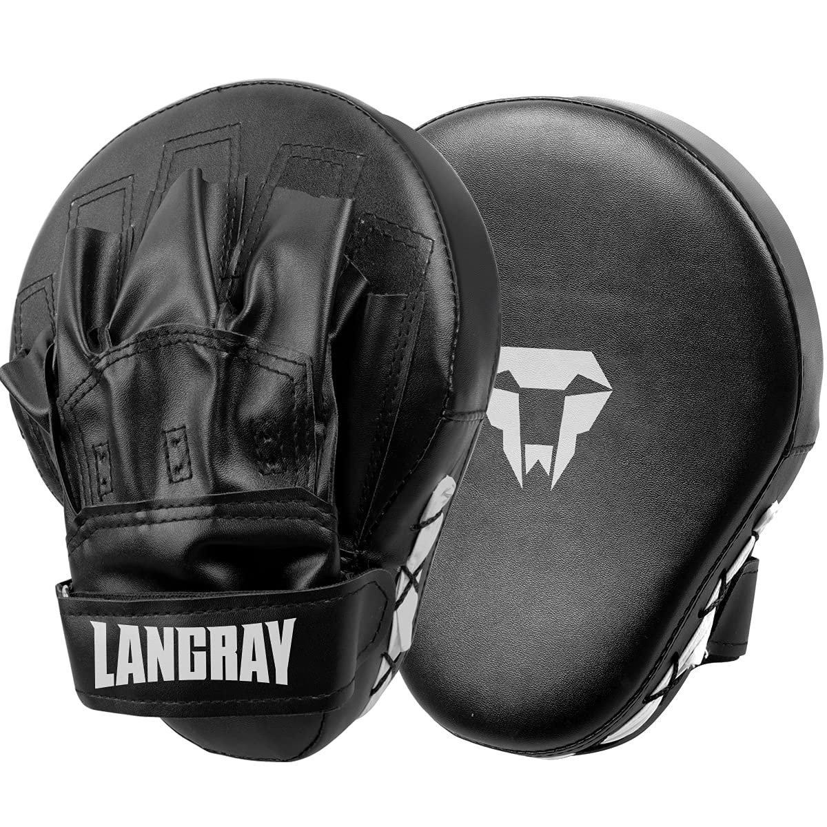 LangRay Boxing Pads Focus Mitts, Curved Focus Pad Boxing Punch Mitts Target Pads PU Leather Punching Gloves for Kickboxing Sparring MMA Muay Thai Karate Training,Black