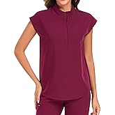 VECARDI Medical Scrub Tops for Women Zipper Front and Four Way Stretch Shirts Short Sleeves Top with Two Side Pockets