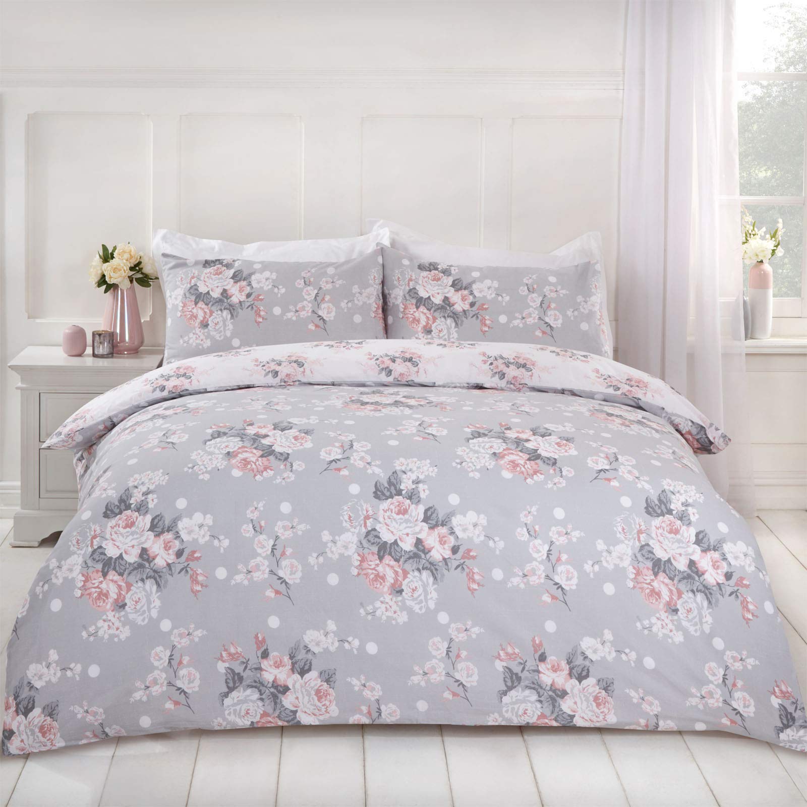 Dreamscene English Rose Duvet Cover with Pillow Case Reversible Floral Bedding Set, DDHSEROGR02, Grey Blush White, 3 pieces, Double