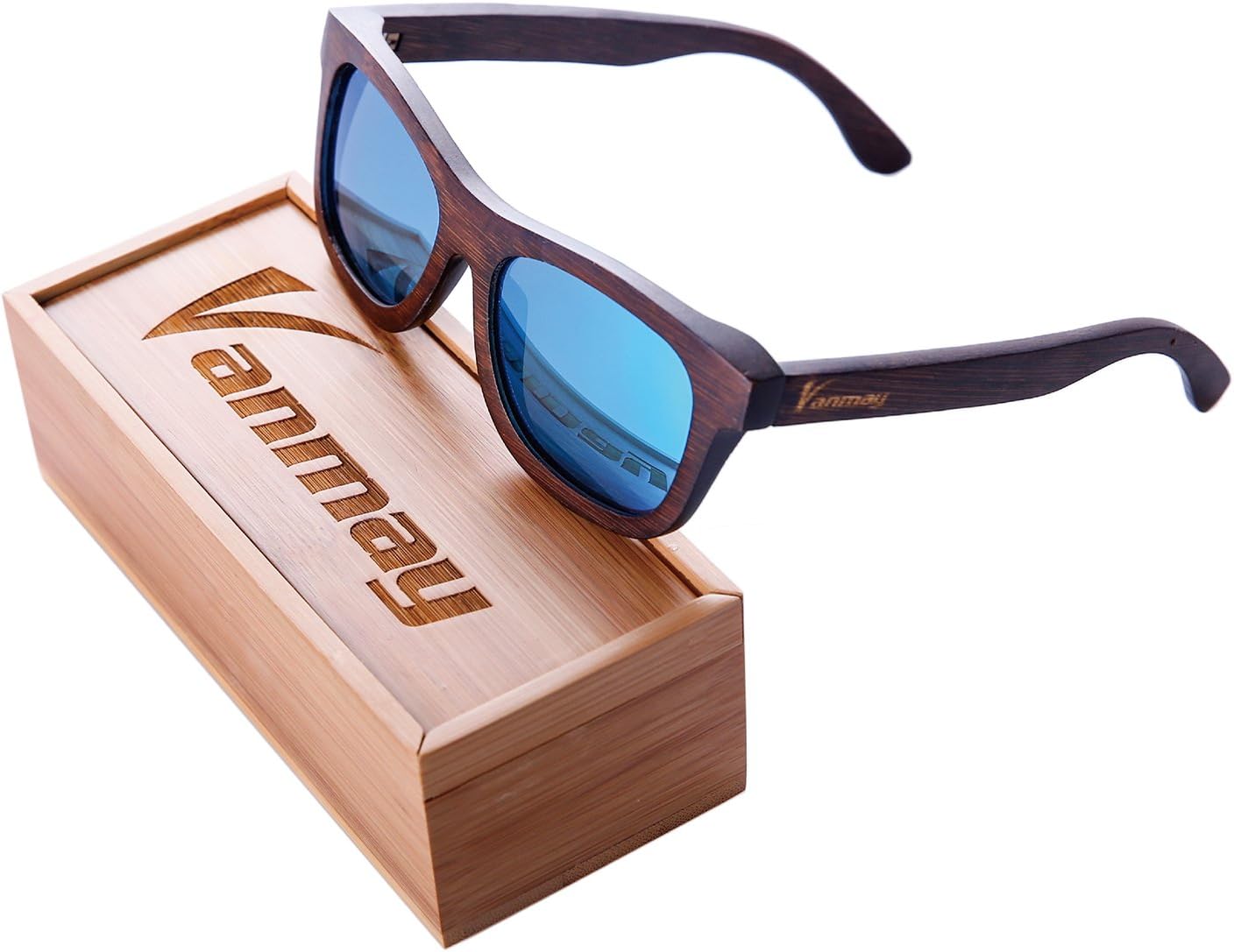 Vanmay Handcrafted Polarized Bamboo Sunglasses Wood Retro Eyewear Wayfarer Floating Sunglasses Brown Frame Driving Sunglasses