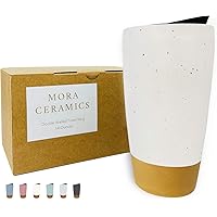 Mora Double Wall Ceramic Coffee Travel Mug with Lid, 14 oz, Portable, Microwave, Dishwasher Safe, Insulated Reusable…