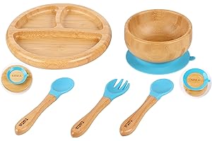 TATA AMG ® Bamboo Baby Plate and Bowl Set with Spoons and Fork for Babies | Bamboo Toddler Plates | Bamboo Suction Plate and Bowl Set for Babies | Baby Led Weaning Feeding Set - BPA Free