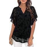Timeson Women's Short Sleeve V Neck Blouses Shirts Floral Double Layers Mesh Tunics Tops