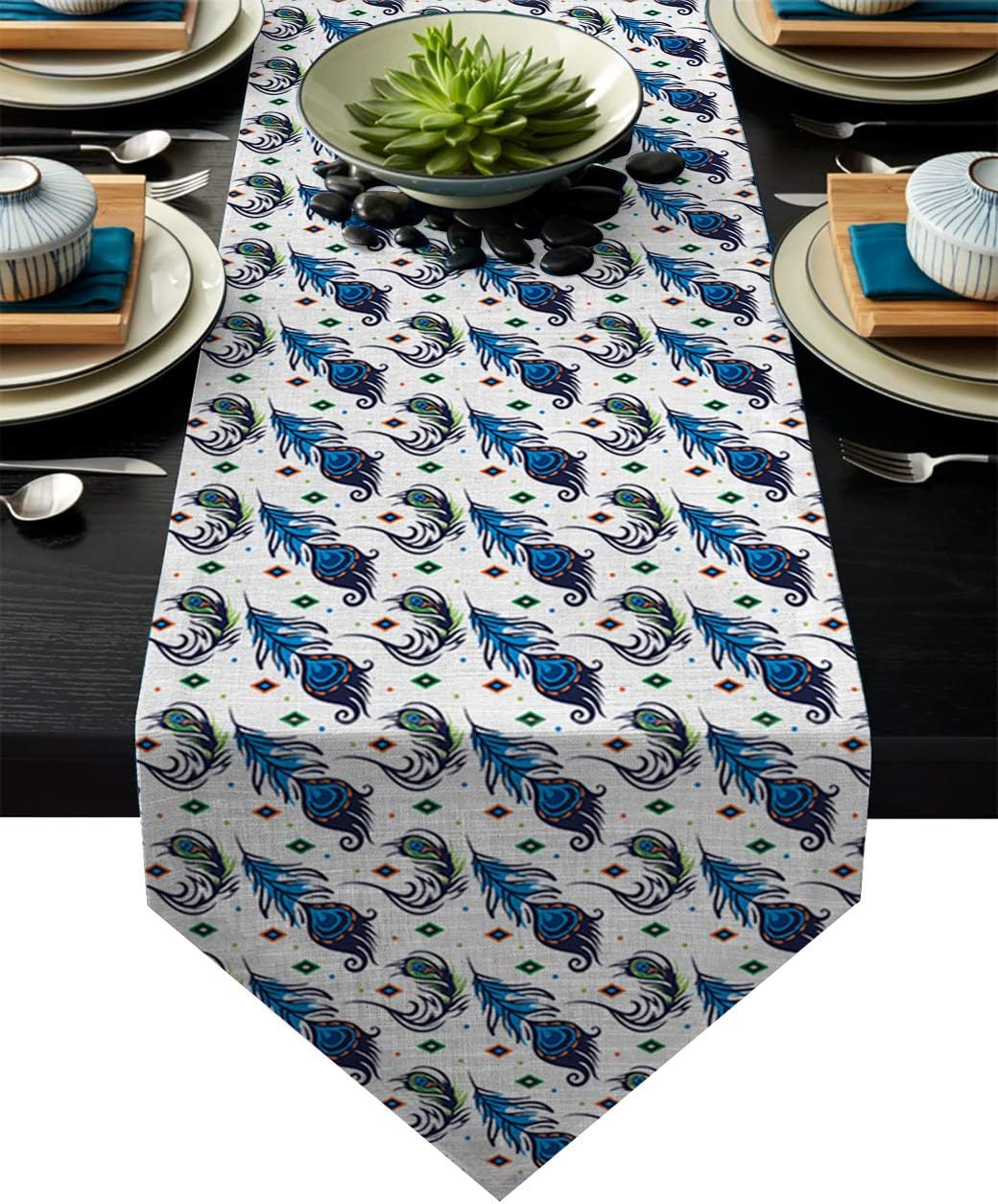 Fandim Fly Table Runner Beautiful Peacock Feathers on White Background Print Table Runners for Catering Events, Dinner Parties, Wedding, Indoor and Outdoor Parties, 14 x 72 Inch