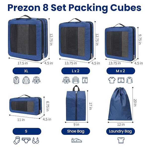 PREZON COMPRESSION PACKING CUBES FOR TRAVEL, LIGHTWEIGHT VACATION TRAVEL ESSENTIALS, TRAVEL ACCESSORIES FOR SUITCASE ORGANIZER BAGS SET, DURABLE LUGGAGE ORGANIZER, 8 SET, SQURE MESH, TEAL