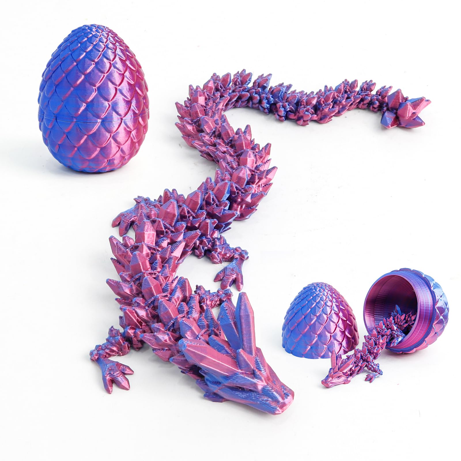 Flavery 3D Printed Egg with 12" Flexible Pearly Sheen Dragon Inside, 3D Printed Surprise Gift, Articulated Dragon Egg Fidget Toy, Decor (Silk Purple)