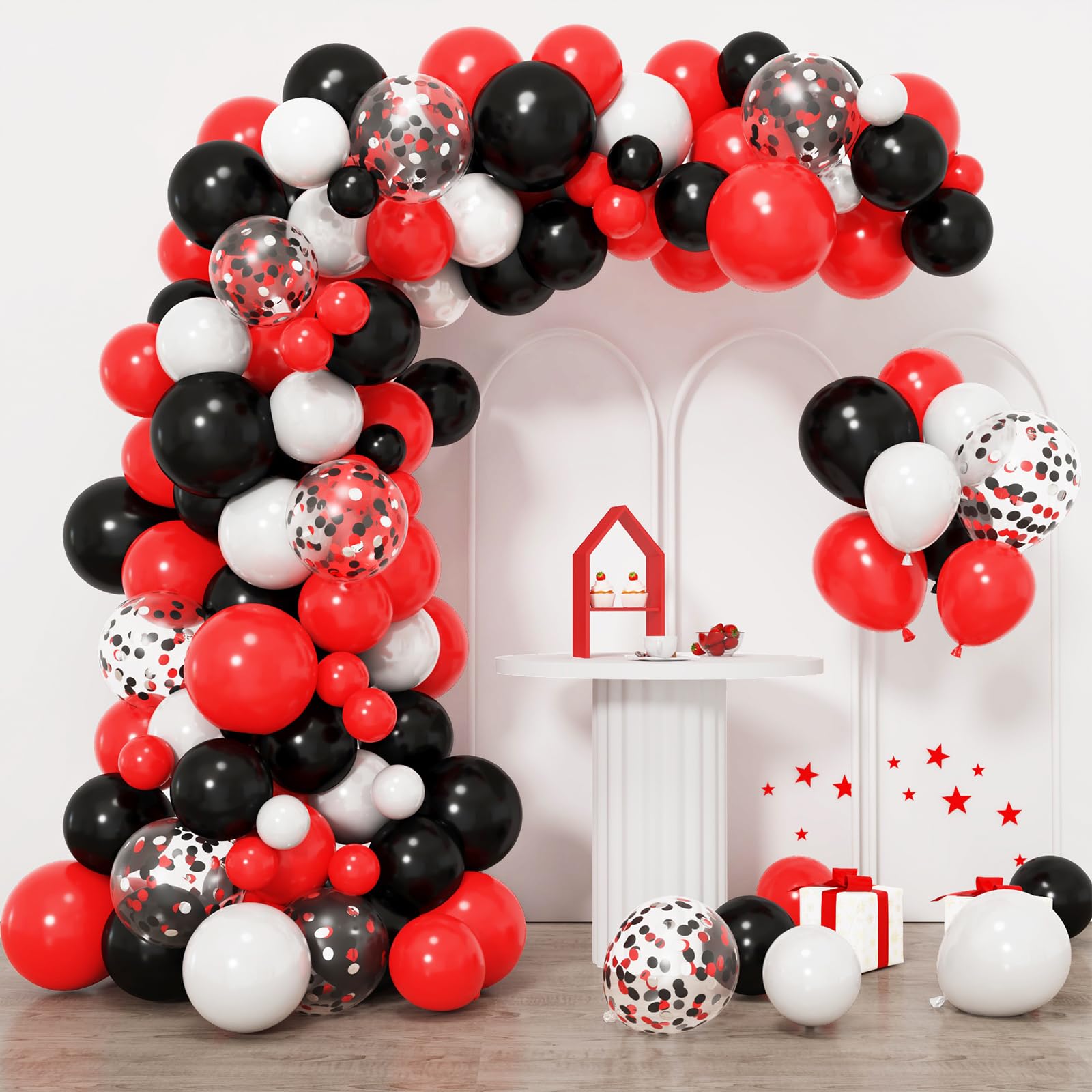 Photo 1 of RUBFAC 129pcs Red Black White Balloons Garland Arch Kit, Red and Black White Balloons Arch for Shower Birthday 2025 Graduation Class Decorations Racing Car Poker Card Anniversary Supplies