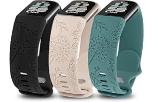 Minyee 3 Packs Floral Engraved Band Compatible with Fitbit Charge 6 Bands/Fitbit Charge 5 Bands Women, Cute Soft Silicone Dandelion Flower Pattern Sport Designer Fancy Summer Strap for Charge 6/5