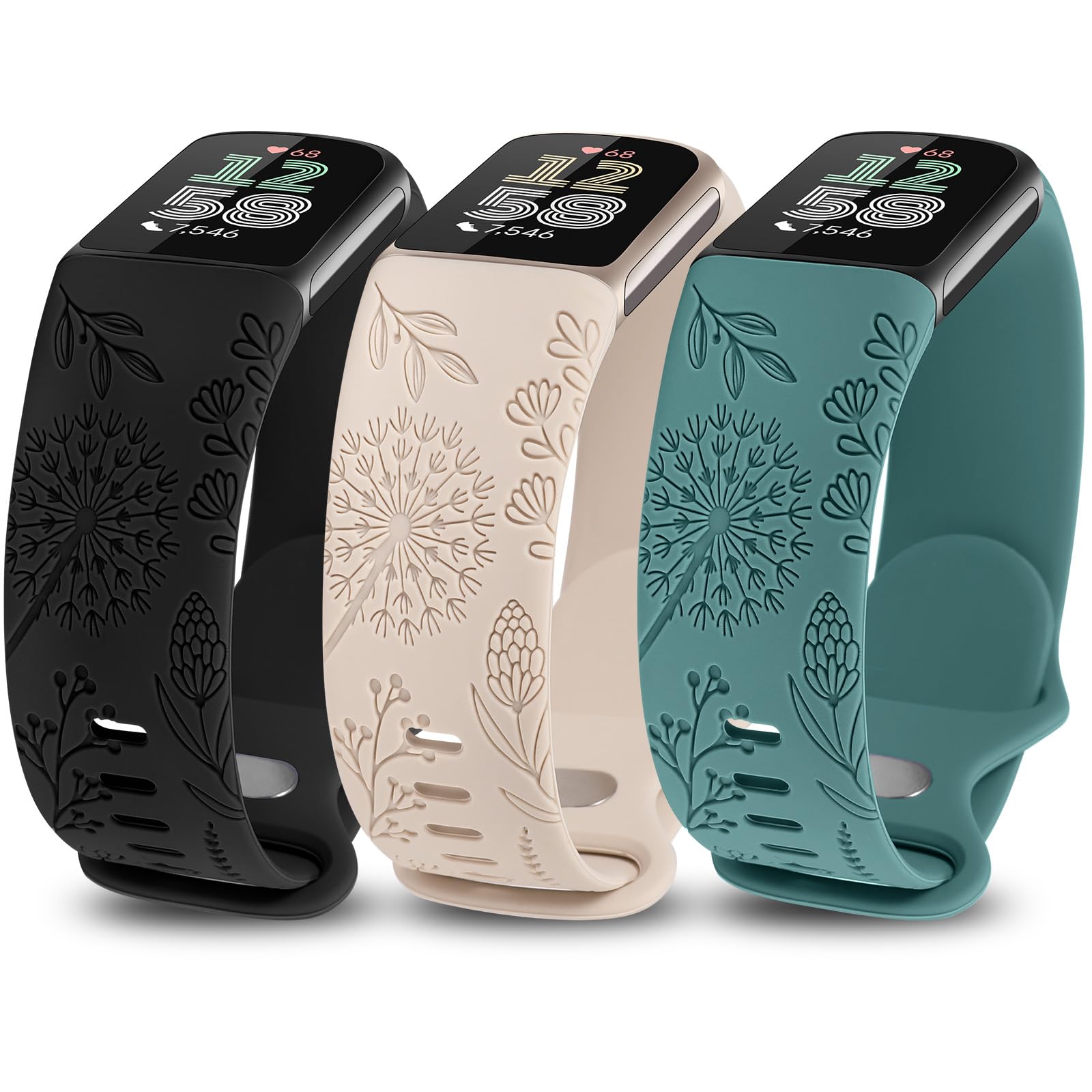 TOYOUTHS 3 Packs Floral Engraved Compatible with Fitbit Charge 5/Charge 6 Strap for Women, Soft Waterproof Silicone Sport Band with Cute Dandelion Flower Pattern, Black+Starlight+Green