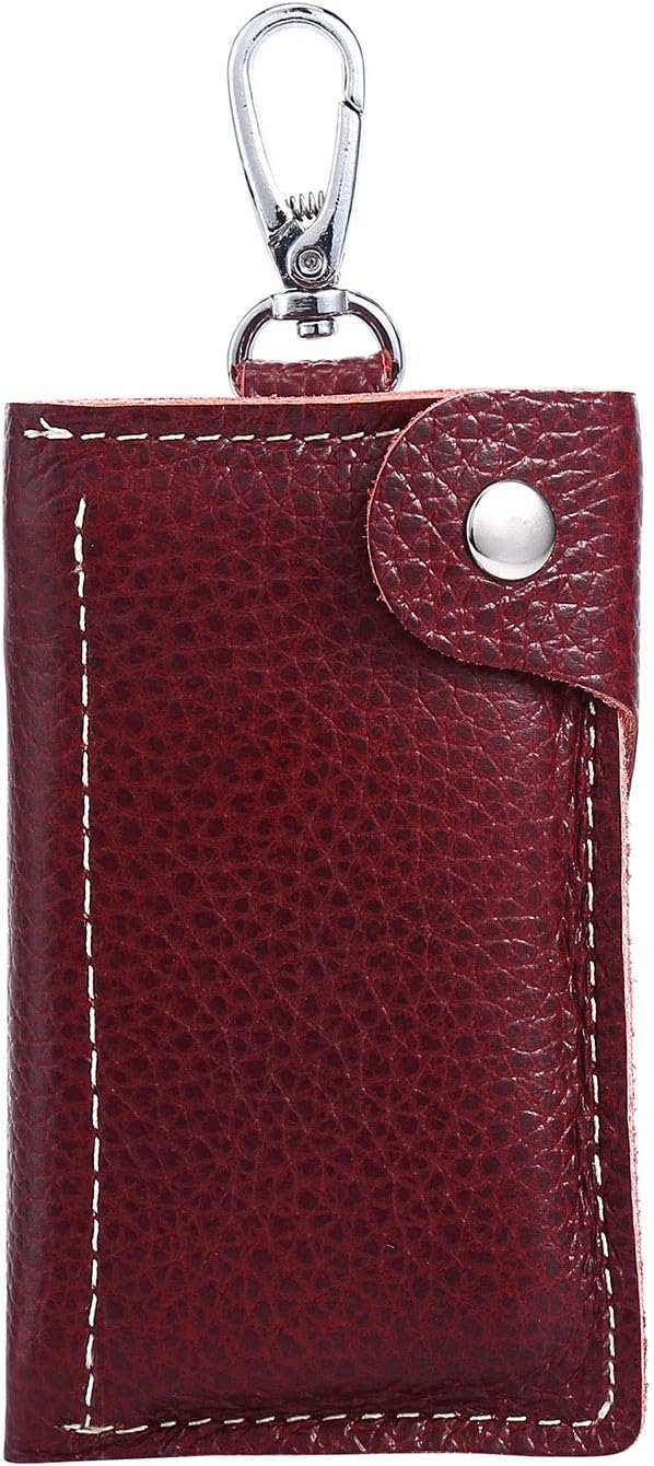 Genuine Leather Key Case Car Key Holder 6 Hook Key Wallet with Zipper Credit Card Holder Key Chain for Men Women (Red)