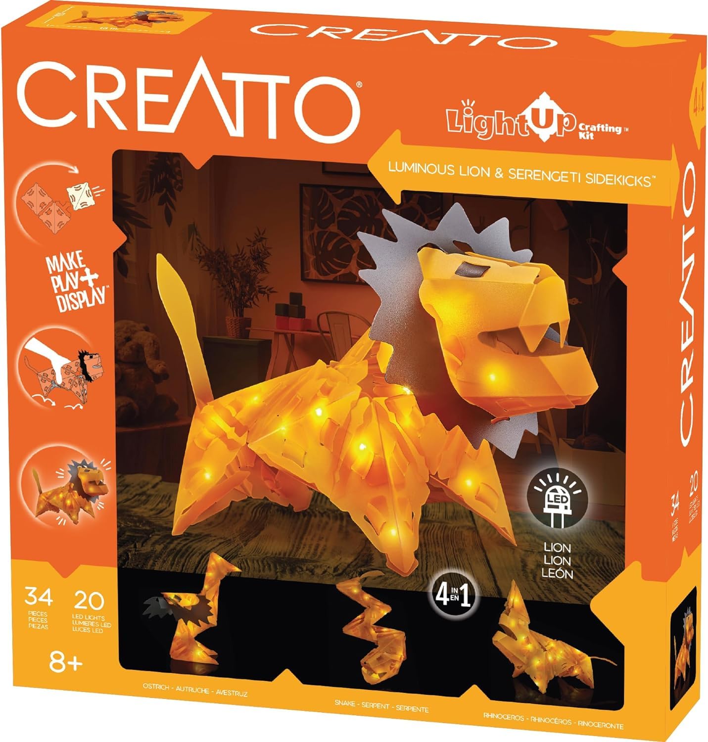 Thames & Kosmos Creatto: Safari - Luminous Lion & Serengeti Sidekicks, 3D Light Up Puzzle for Kids, Fun Model Kit, Includes 34 Pieces and 20 LED Lights, 15–20 Minute Build Time, Age 8+