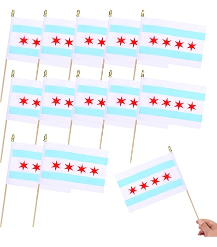 Pack of 20, Handheld Chicago Flags 5x8 Inch - Small City of Chicago IL Flags on Wood Sticks with Spear Top, Mini Chicagoan Flag for Elections, Patriotic Decorations, Independence Day